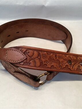 Vintage TOOLED Belt Tex Tan ACORNS Oak Cowhide Leather Brass 32 Cowboy Western